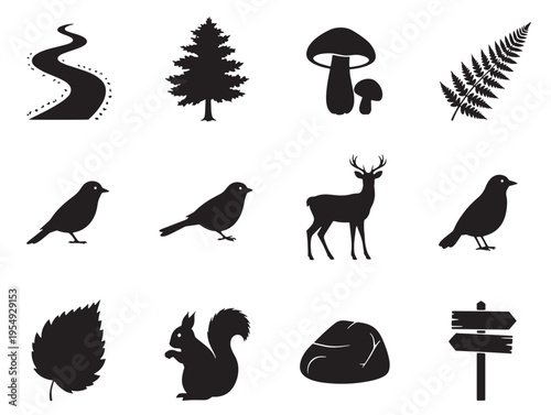 Black silhouettes of forest animals and nature