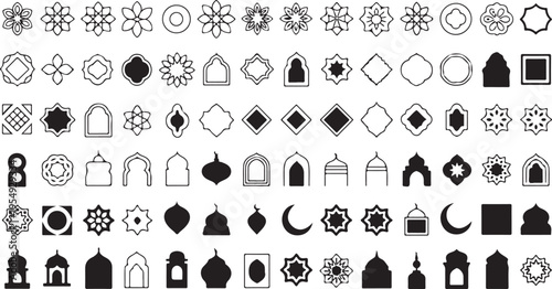 Islamic architecture and floral patterns in black and white for design and decoration purposes easily