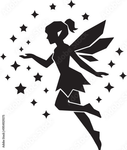 Black Silhouette of a Magical Fairy Flying with Sparkling Pixie Dust and Stars