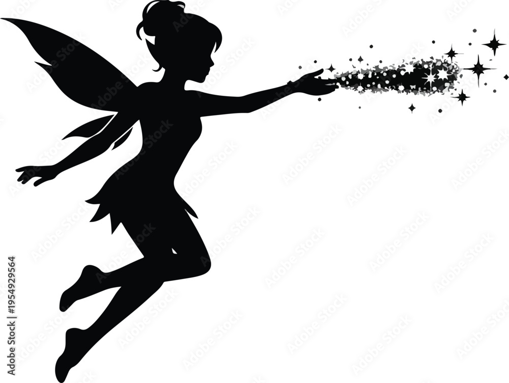 Fototapeta premium Magical Fairy Silhouette Flying and Spreading Pixie Dust Sparkles