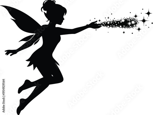 Magical Fairy Silhouette Flying and Spreading Pixie Dust Sparkles