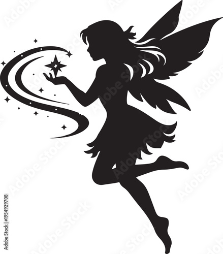Black Silhouette of a Magical Fairy Flying with Sparkles and Pixie Dust on White Background