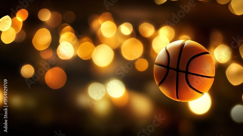 hoop. Dynamic basketball suspended mid-air against blurred stadium lights, showcasing sports energy under dramatic spotlight. event key visuals.
