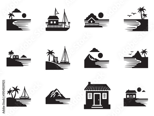 Various silhouettes of beach huts and boats
