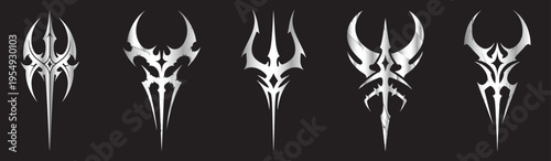 Collection of intricate tribal art designs collection, cyber sigilism for streetwear design, stickers, on white bakground.