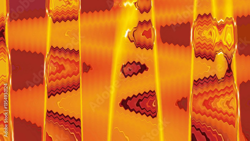 Abstract vertical bands in orange red and yellow with wave textures and zigzag patterns resembling heat map or scientific visualization