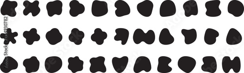 Irregular black shapes silhouette collection, liquid shape design, organic blots on white background.