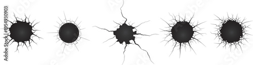 Cracked destroyed wall silhouette collection, different shapes, break of wall, cracked hall on white background.