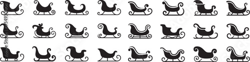 Santa's sleighs silhouette collection, decorative elements including elegant swirls, spiral curls santa claus riding sleigh on white background.