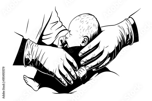 Moment of Birth Doctor Hands Lifting Newborn Delivery Room Hospital Miracle Black Vector Silhouette