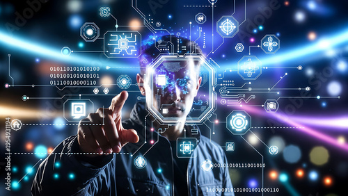 Man interacting with a futuristic, high-tech interface, creating a striking scene where human and technology converge.