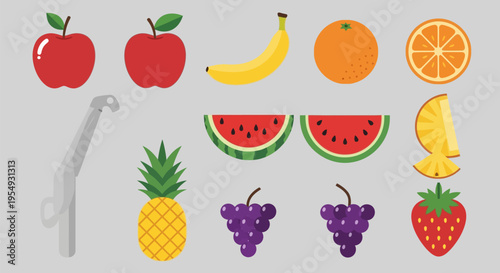 Assortment of fresh and colorful fruits including apples, bananas, oranges, watermelons, pineapples, grapes, and strawberries.