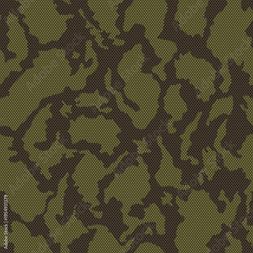 Seamless pattern of green brown camouflage with dotted texture, woodland abstract design