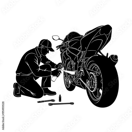 A mechanic is working on a motorcycle with tools and equipment