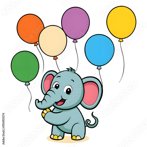 Kawaii Educational Cartoon of Elephant Counting Balloons on White Background