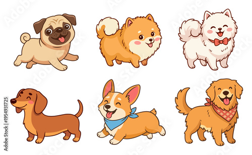 Cute dogs cartoon illustrations set. Funny Kawaii puppies vector clipart collection with different breeds.