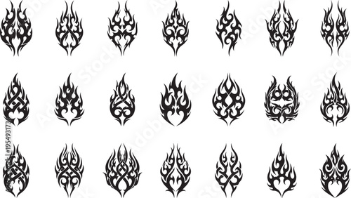 Bold black tribal-inspired flame symbol silhouette collection, curved teardrop elements on white background.
