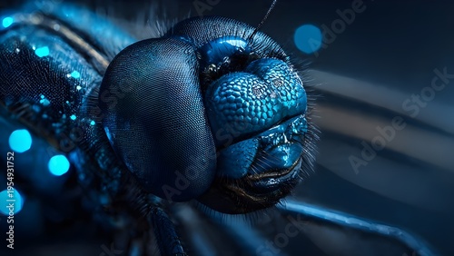 Extreme Macro of Blue Metallic Dragonfly Head with Detailed Compound Eyes and Bokeh Background
