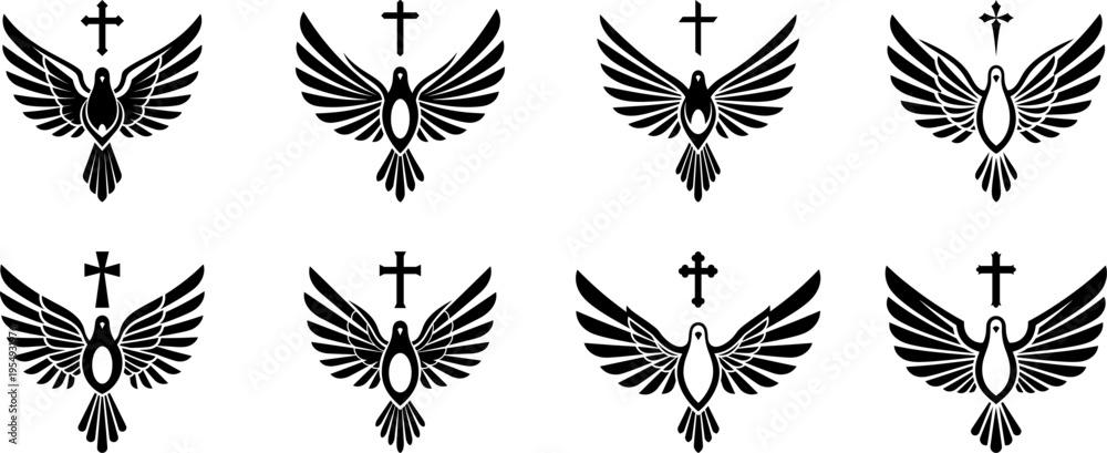 Φωτογραφία Dove, angel centered with cross silhouette collection, modern sacred-symbol feel, solid Latin cross positioned directly above the head religious symbol for logo use on white background