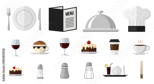 Assortment of restaurant and cafe items including dinnerware, food, drinks, and condiments.