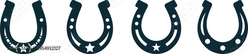 Horseshoe cups bold outline and small white circular holes line art collection, luck symbol horseshoe shapes, clean geometric lines, evoking a sense of luck or a western theme on white background.