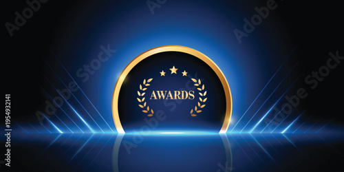 Luxury blue awards ceremony with golden ribbon and laurel wreath design.