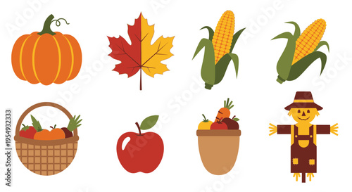 Autumn harvest collection with pumpkins, corn, apples, leaves, and scarecrow.