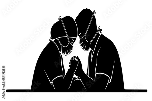 Partner Support During C-Section Surgery Holding Hands Hospital Delivery Comfort Black Vector Silhouette