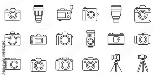 Collection of 18 Photography Line Icons Featuring DSLR Cameras, Lenses, and Tripods