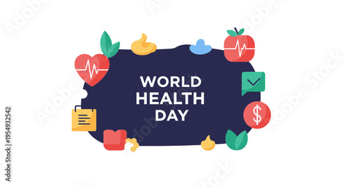 World Health Day concept with various healthrelated icons and text.