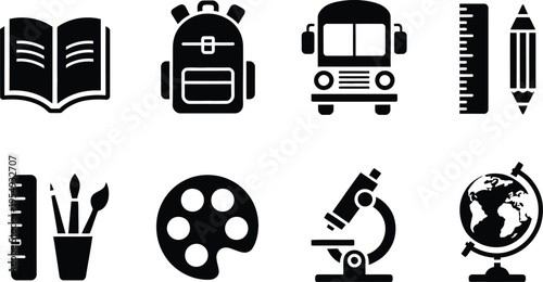 Back to school supplies icons: open book, backpack, bus, ruler, pencil, art palette, microscope, globe, Office Supplies