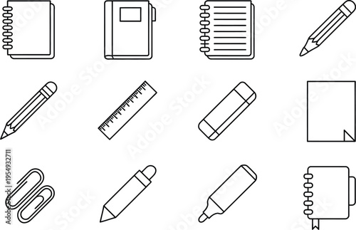 Notebooks and pens icon set: spiral notebook, hardcover book, notepad, pen, pencil, ruler, paper, paperclip, highlighter, Office Supplies