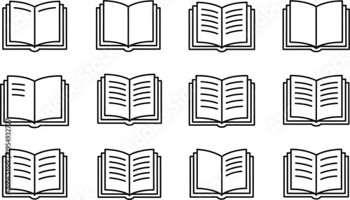 Open book icons in a grid: various illustrations of open books, representing knowledge, learning, and literature, Line Art