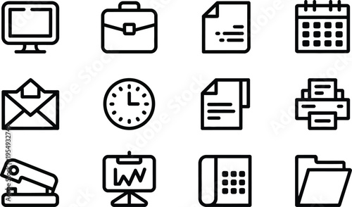 Business and office icons: computer monitor, briefcase, document, calendar, envelope, clock, printer, stapler, phone, folder, Line Art
