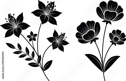 Large collection of black musical instrument silhouettes including guitar, violin, piano, trumpet, saxophone, drums, and harp isolated on white background for music festival vector design.