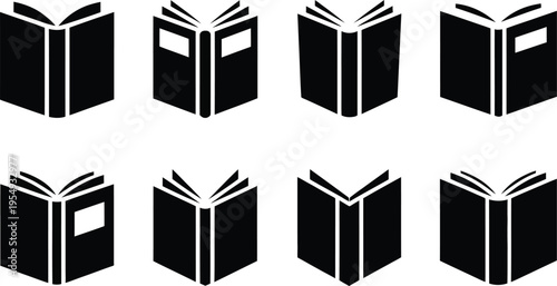 Set of eight black open and closed book icons, simple silhouette design on white background for learning, reading, or library concepts