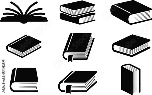 Collection of nine black book icons, including stacked, open, and closed books with bookmarks, for study, reading, or library themes