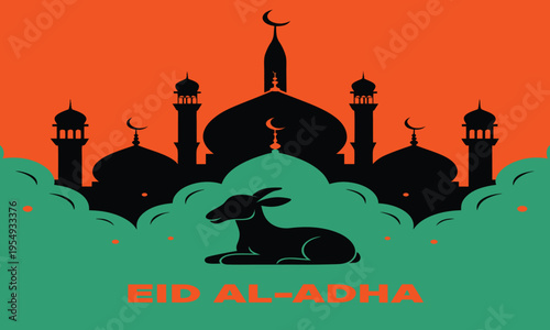 A silhouette of a mosque complex and a reclining goat against a vibrant orange and teal backdrop celebrates eid al adha high-quality professional detailed modern