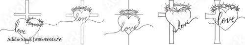 Christian cross crown heart line art collection, sacred heart of jesus, christian drawings vectors & Love symbol  on white background.