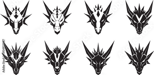 Geometric dragon head silhouette composed of sharp angular shapes collection, modern geometric logo style on white background.