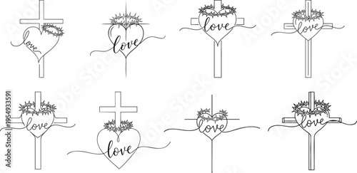 Christian cross crown heart line art collection, sacred heart of jesus, christian drawings vectors on white background.