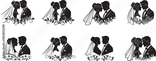 Bride and groom wedding silhouette silhouette collection, floral roses boarder, wedding couple happy valentines day, minimalist wedding silhouette on white background.