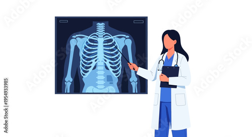 Female doctor pointing at a human skeleton x-ray image on a screen with a clipboard
