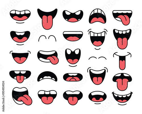 Quadro su tela Cute cartoon lips set, smiling frowning tongue out faces, social media sticker p