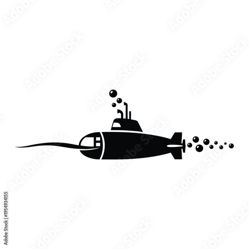 Black silhouette of a cartoon submarine with bubbles.