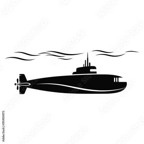Black silhouette of a submarine underwater with waves.