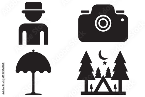 Retro camera icon set with photographer illustration in simple vector design suitable for web and business use