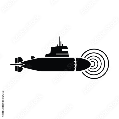 Submarine emitting sonar waves black silhouette icon.