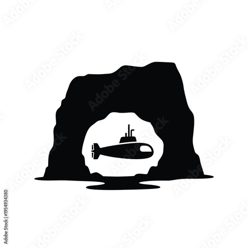Submarine exploring an underwater cave in silhouette.