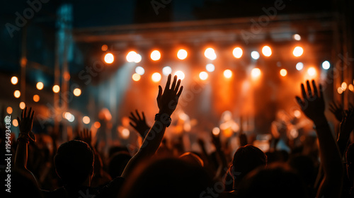 Enthusiastic crowd cheering during live concert performance under vibrant stage illumination